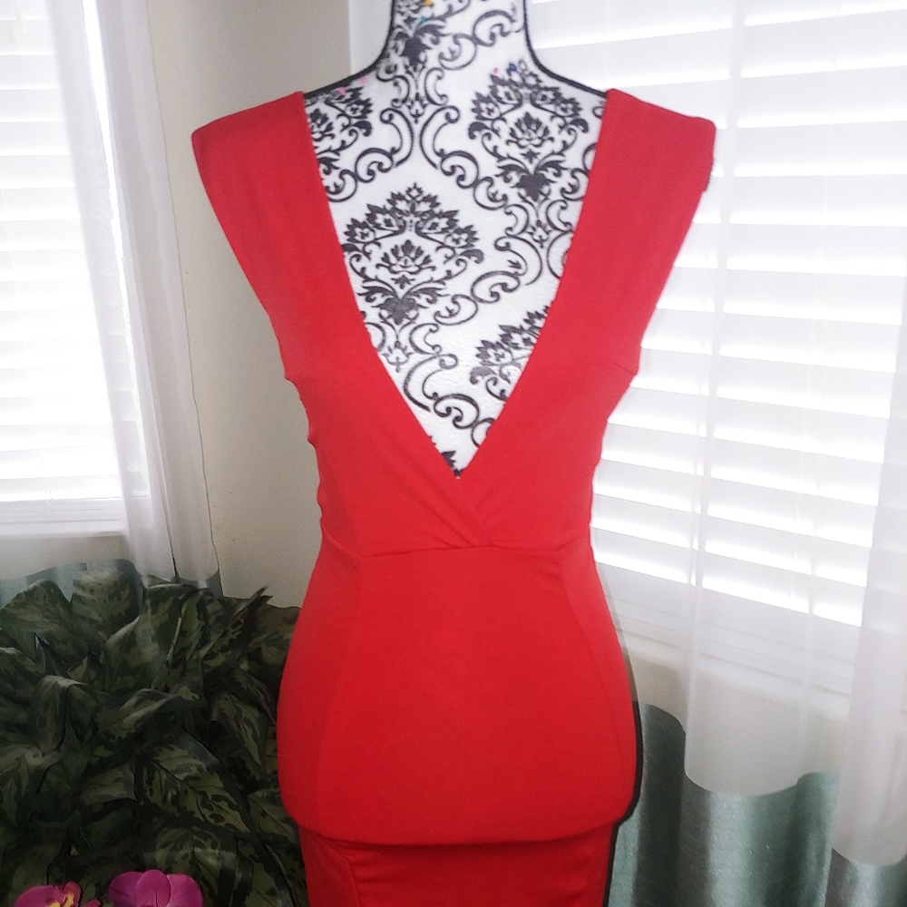 Fire engine Red deep plunging dress New